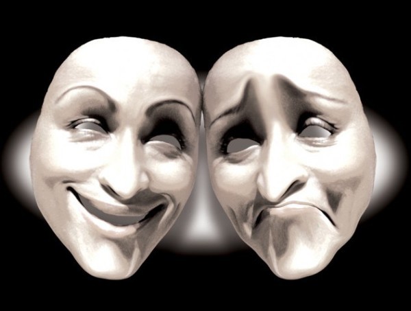 Graphic depicting two masks one with happy facial expression and the other looking sad depicting the polarity of emotions we face in our lives
