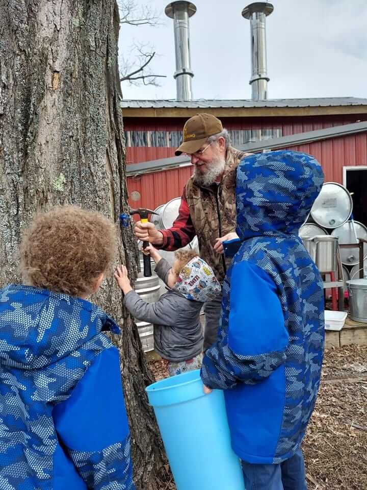 Photo showing Dave Yeany tapping maple tree in his yard with his three boys